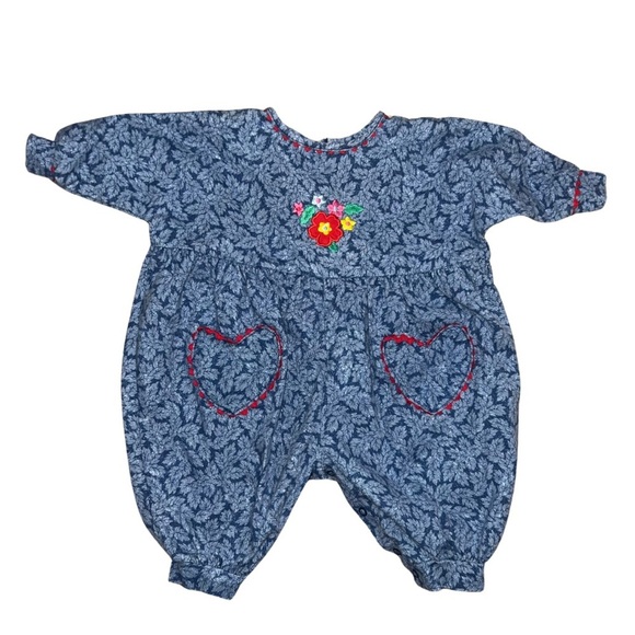 Little Me Vintage Cotton Romper Blue Floral Embroidered Size 6 Months - Picture 1 of 13